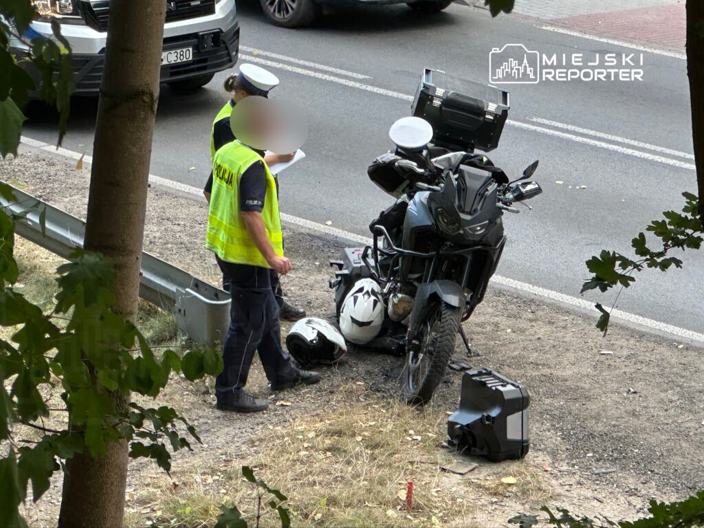 Policjant w kamizelce odblaskowej rozmawia z kolegą obok przewróconego motocykla na poboczu drogi.