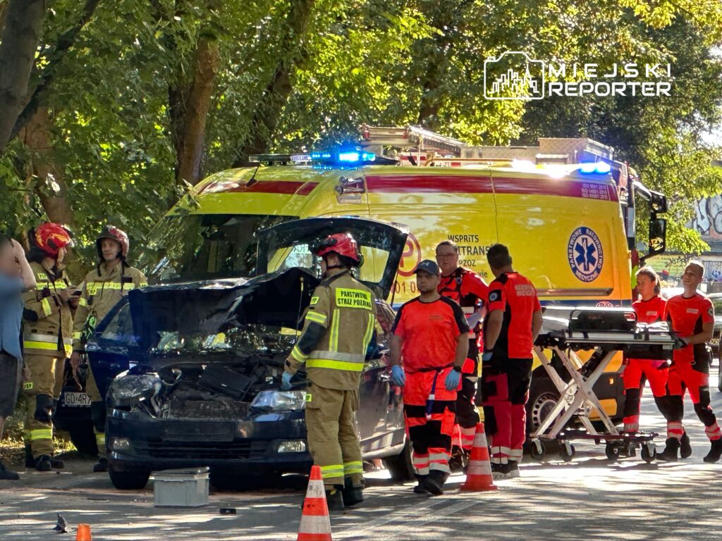 Ratownicy medyczni i strażacy pracują przy uszkodzonym samochodzie na drodze, obok stoi karetka z włączonymi sygnałami.