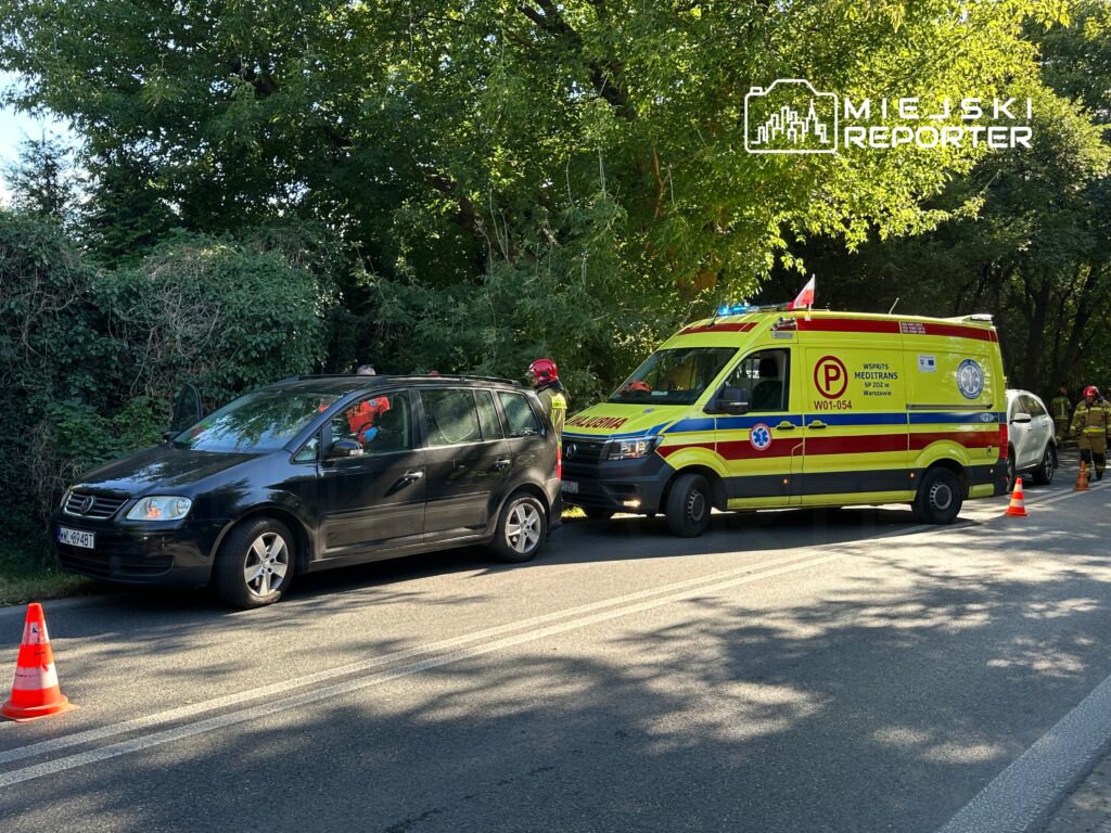 Czarny minivan zatrzymany na drodze obok karetki pogotowia, w tle strażacy w czerwonych hełmach. Wokół pomarańczowe stożki.
