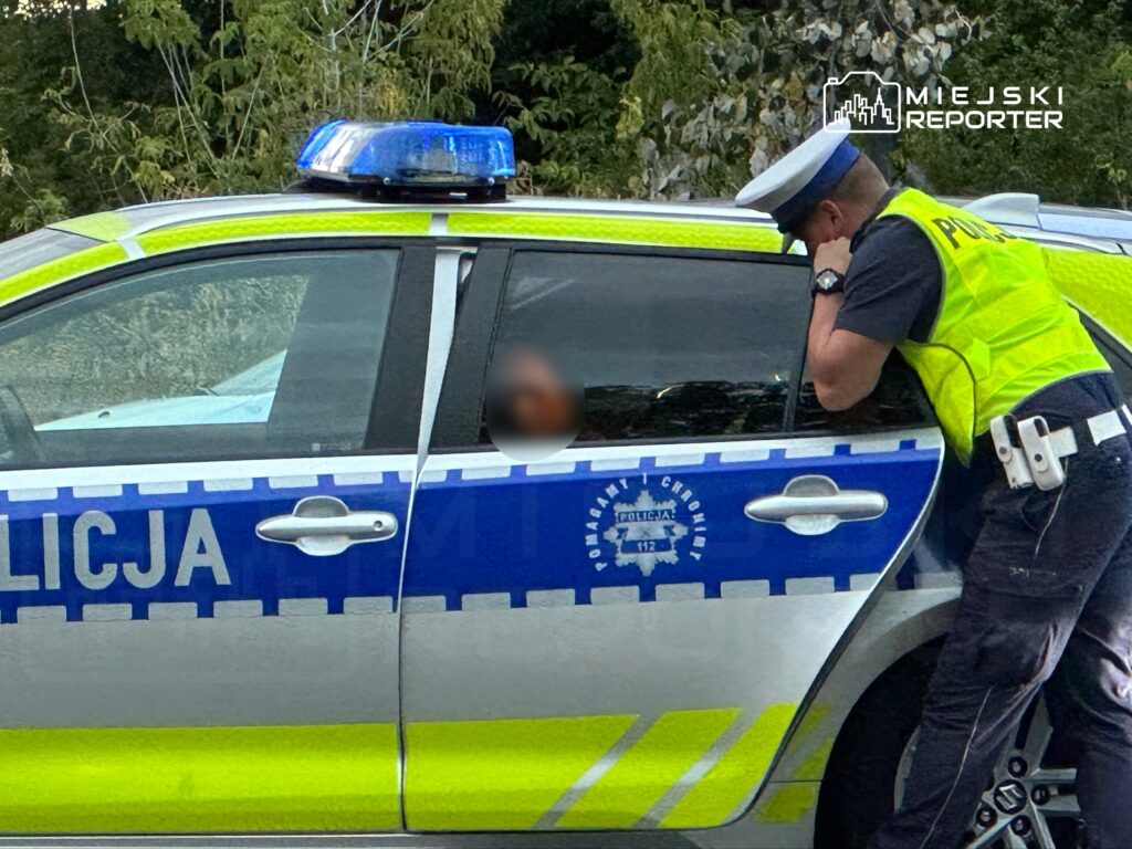 Policjant w kamizelce odblaskowej rozmawia z osobą siedzącą w radiowozie policyjnym.