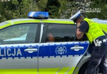 Policjant w kamizelce odblaskowej rozmawia z osobą siedzącą w radiowozie policyjnym.