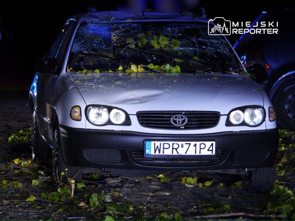 Uszkodzony samochód osobowy pokryty liśćmi, z wybitymi szybami, zaparkowany na bruku w ciemnej scenerii.