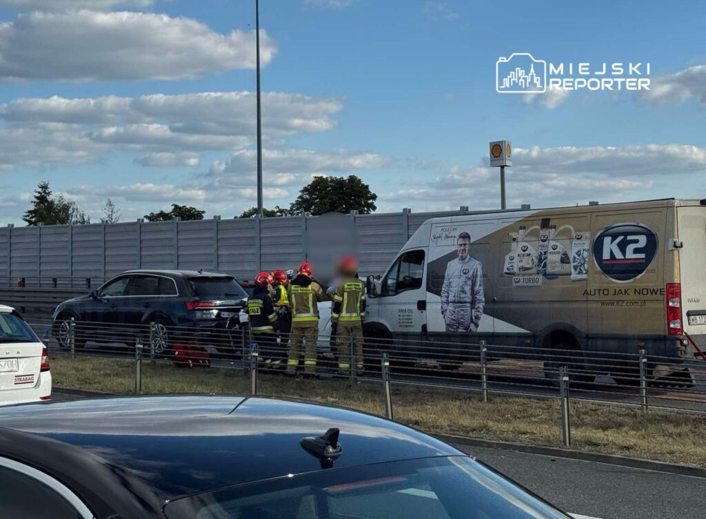 Grupa strażaków w hełmach omawia sytuację przy czarnym samochodzie na poboczu drogi, obok białego furgonu.