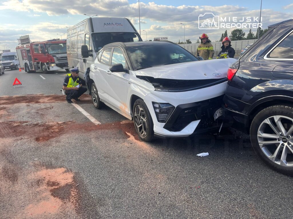 Policjant bada uszkodzenia białego samochodu osobowego po kolizji z ciemnym SUV-em na drodze, obok stoją pojazdy ratunkowe.