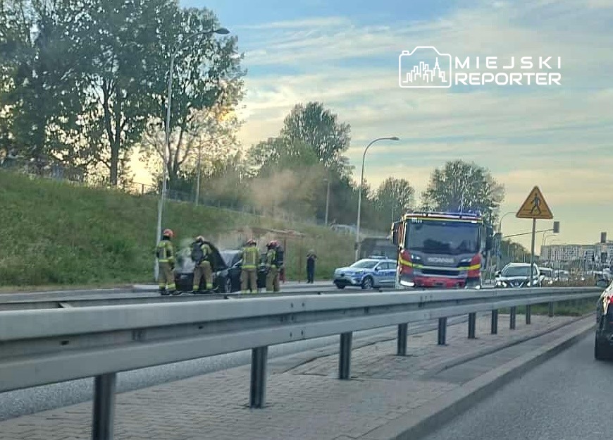 Grupa strażaków z wężami gaśniczymi interweniuje przy palącym się samochodzie na poboczu drogi.