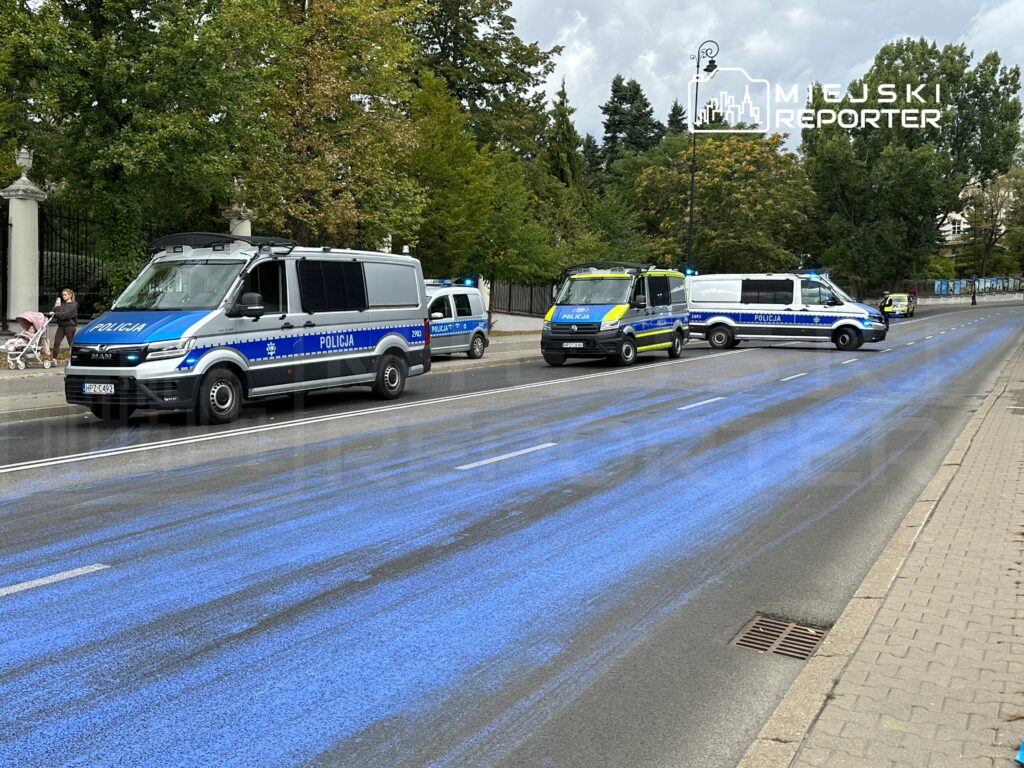 Trzy radiowozy policyjne zaparkowane na ulicy, a nawierzchnia pokryta niebieską farbą. W tle drzewa i chodnik.