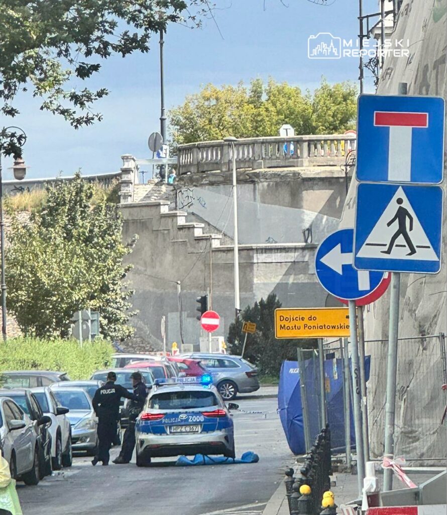 Policjanci prowadzący czynności na ulicy, obok radiowozu z włączonymi sygnałami świetlnymi.