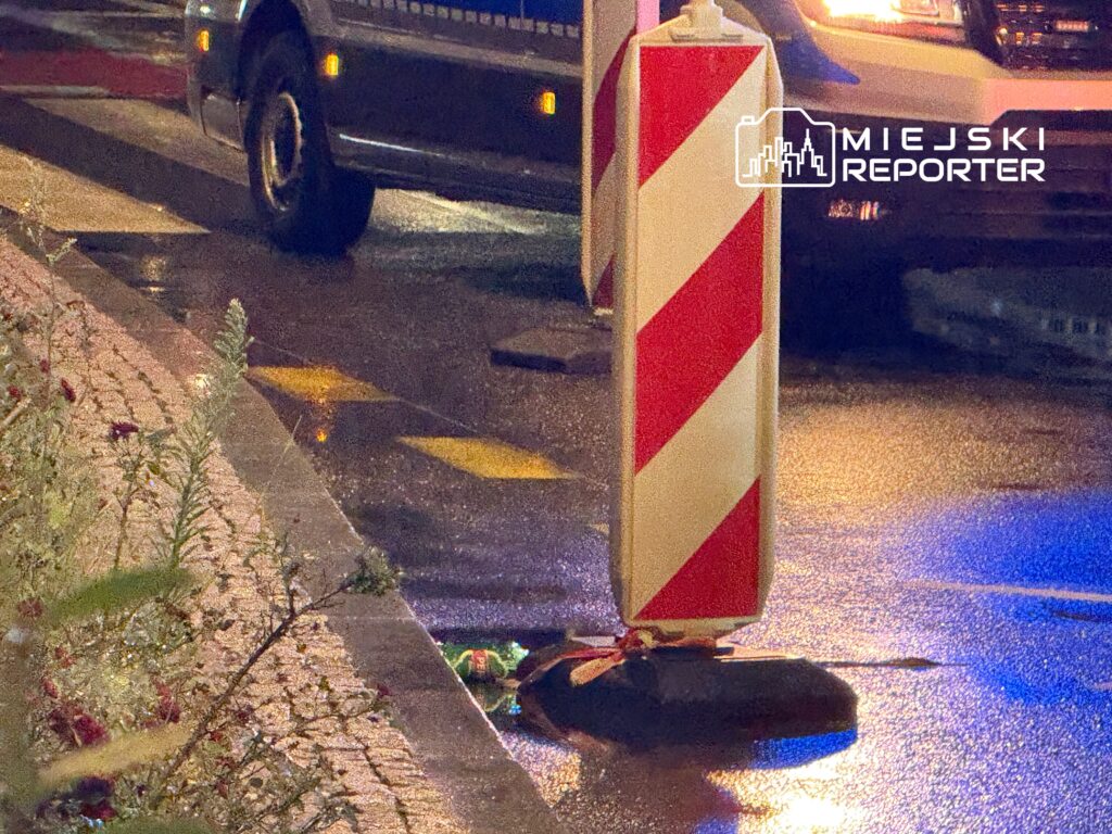 W nocy na mokrej nawierzchni drogi stoi słupek drogowy z czerwono-białymi pasami, obok widać pojazd służb ratunkowych.