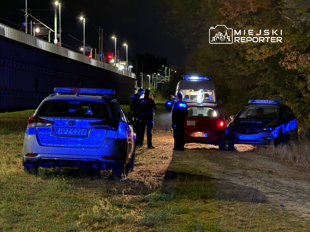 Policjanci prowadzą czynności na poboczu drogi, obok zaparkowanych radiowozów w nocy.