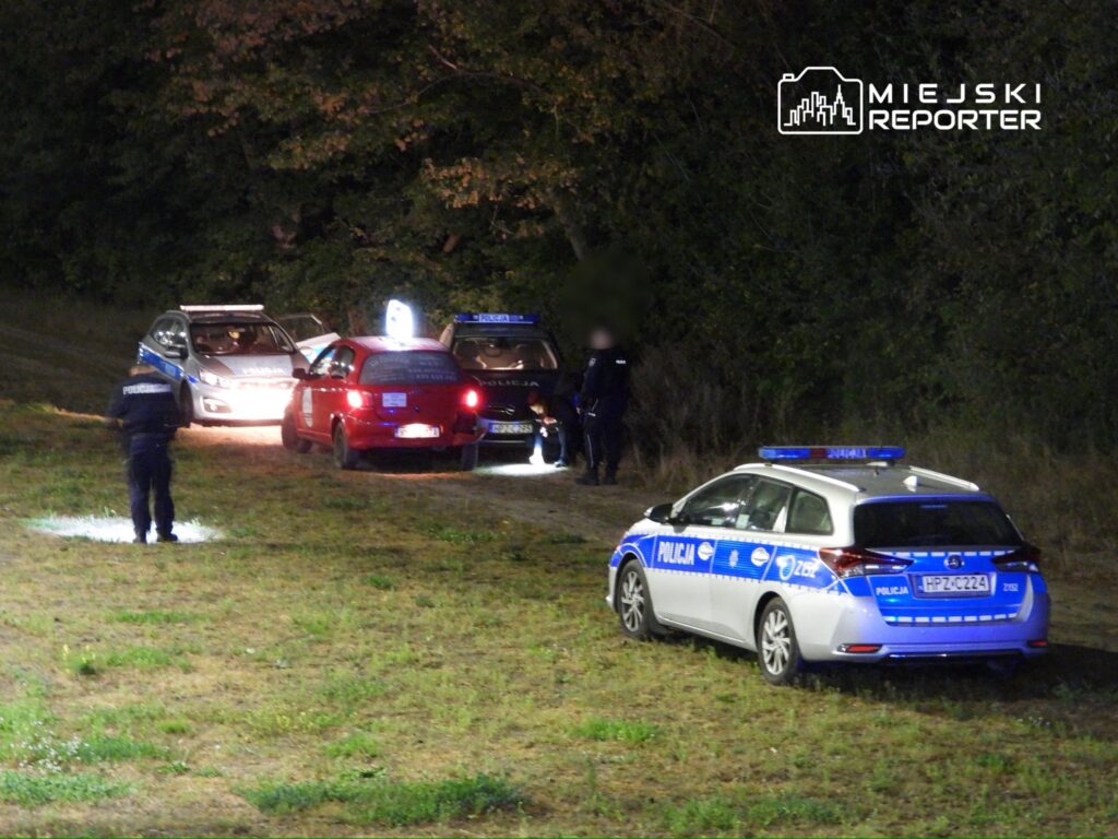 Grupa policjantów prowadzi działania na poboczu drogi, obok zaparkowanych radiowozów w nocy.
