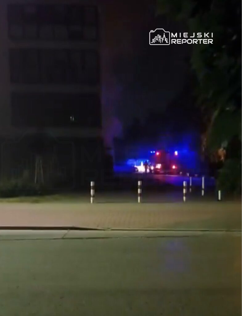 Niebieskie światła pojazdów ratunkowych w nocy na tle budynku, w otoczeniu ciemnej ulicy.