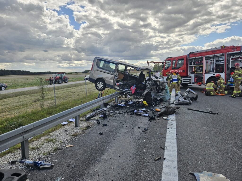 Wielu strażaków pracuje nad rozbitym pojazdem na poboczu drogi, obok stoi wóz strażacki. W tle widoczny traktor.