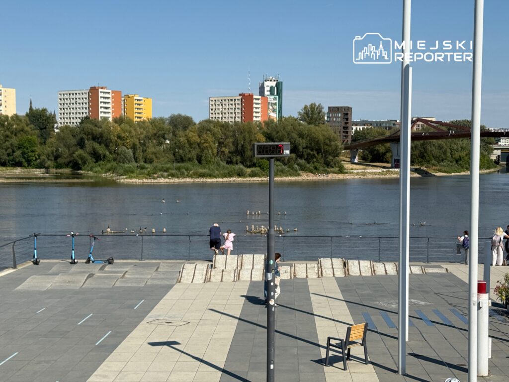 Mężczyzna w garniturze siedzący na brzegu rzeki z dzieckiem, obok elektryczne hulajnogi i widok na zieloną wyspę.