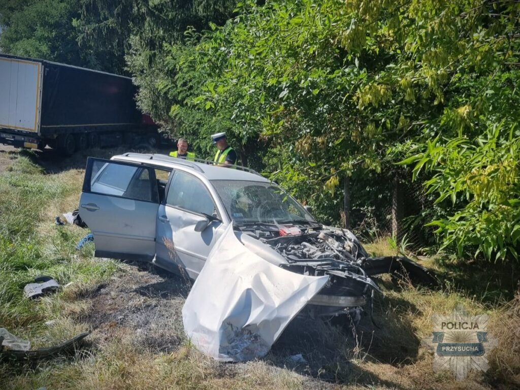 Wypadek drogowy z uszkodzonym samochodem osobowym na poboczu, obok dwóch policjantów w kamizelkach odblaskowych.