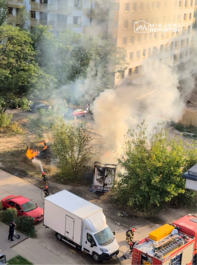 Strażacy gaszą pożar w pobliżu zaparkowanego samochodu dostawczego, obok widać dym i płomienie.