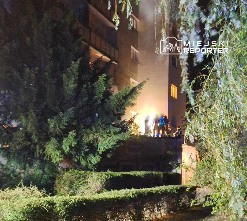Grupa osób na dachu budynku, otoczona dymem, w ciemnej scenerii nocnej, z drzewami w tle.