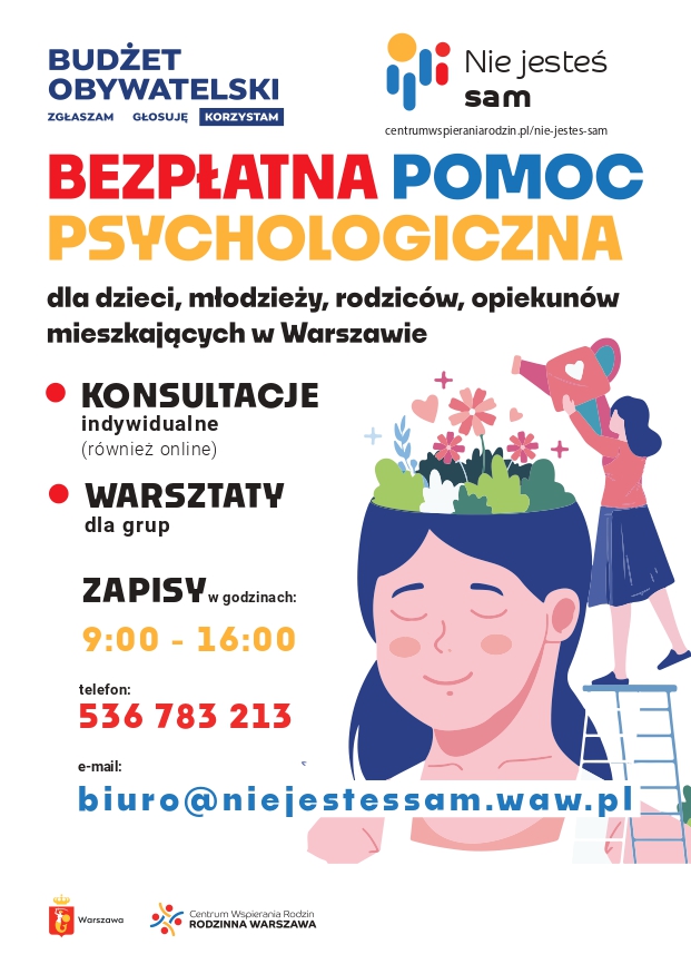 Plakat promujący bezpłatną pomoc psychologiczną dla dzieci, młodzieży i rodziców w Warszawie, z informacjami o konsultacjach i warsztatach.