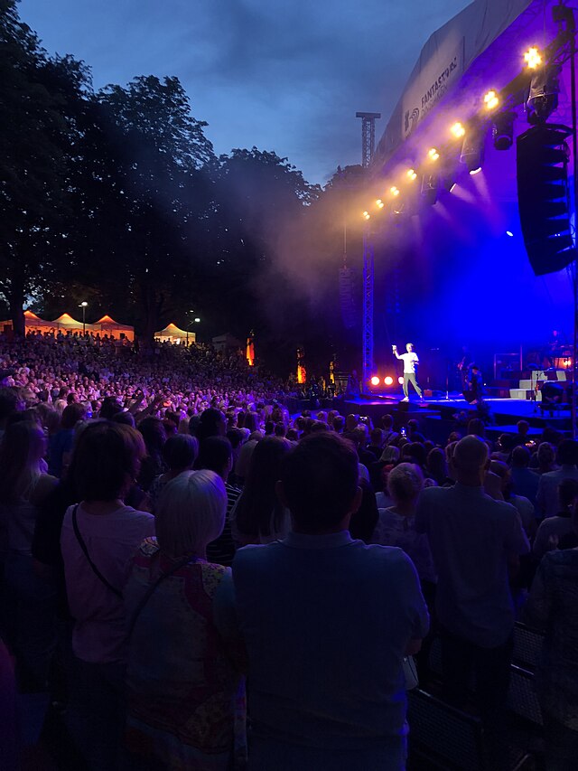 Artysta w białej koszuli występuje na scenie przed tłumem widzów podczas koncertu w parku wieczorem.