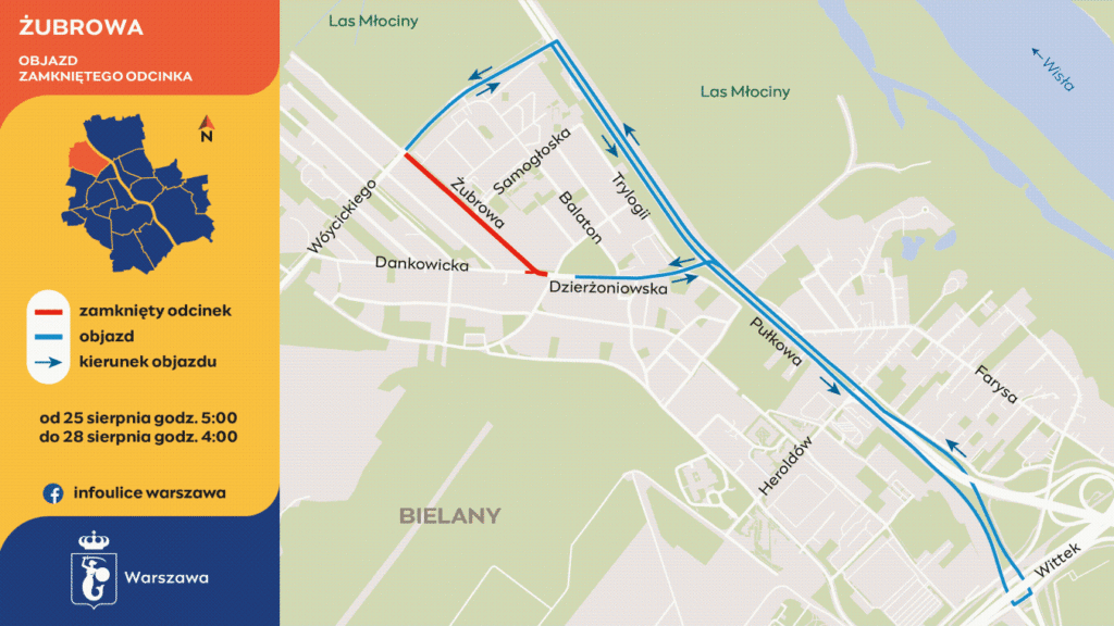 Mapa przedstawiająca zamknięty odcinek ulicy Żubrowej oraz objazd, z oznaczeniem kierunków.