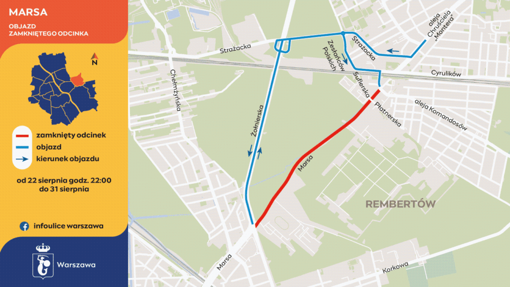 Mapa przedstawiająca objazd zamkniętego odcinka ulicy Marsa w Warszawie oraz kierunki objazdu.