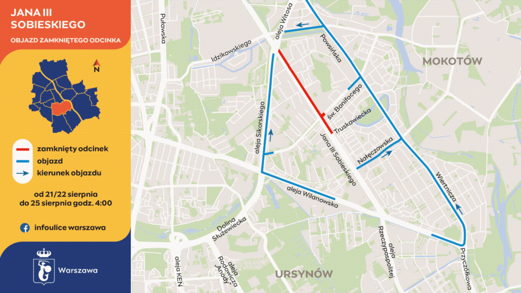 Mapa z oznaczeniem zamkniętego odcinka ulicy Jana III Sobieskiego oraz objazdów w Warszawie.