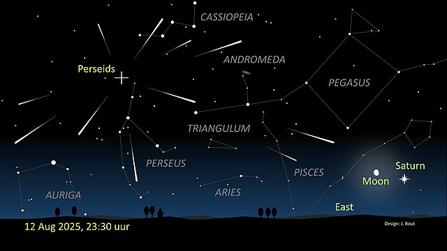 Na nocnym niebie widoczne konstelacje, w tym Perseidy, Andromeda i Saturn, z zaznaczoną datą 12 sierpnia 2025 roku.