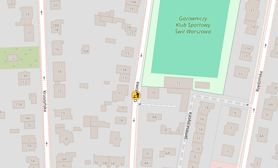 Mapa przedstawiająca okolicę z numerami budynków oraz oznaczeniami ulic, w tym Gazowniczy Klub Sportowy Świt Warszawa.