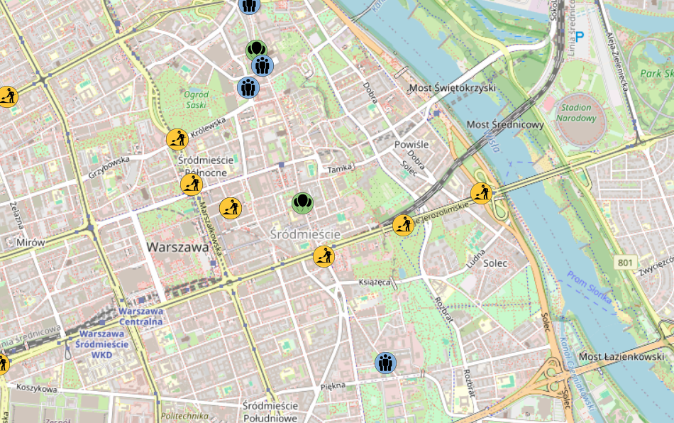 Mapka przedstawiająca centralną część Warszawy z oznaczeniami miejsc robót drogowych i punktów spotkań.
