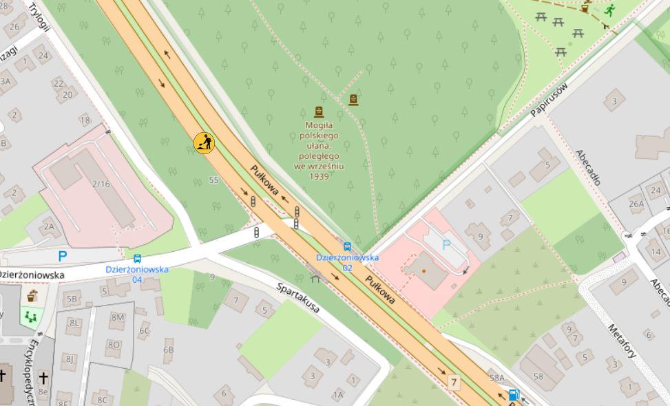 Mapa przedstawiająca skrzyżowanie ulic Dzierżoniowskiej i Pułkowej z oznaczeniem robót drogowych.