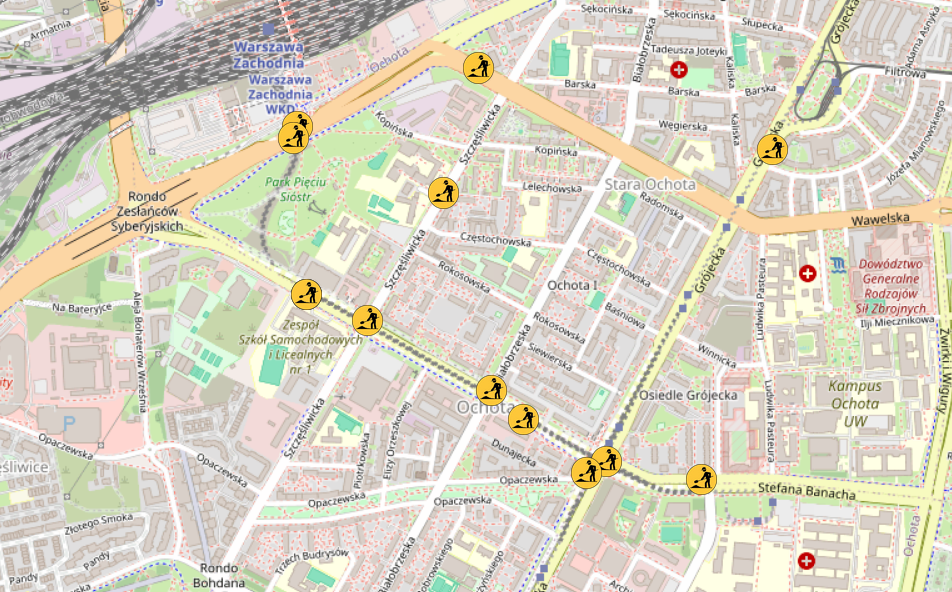Mapa z zaznaczonymi miejscami prowadzenia prac budowlanych w okolicy Ochoty, z oznaczeniami robót.