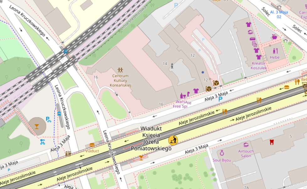 Mapa przedstawiająca obszar z wiaduktem, ulicami Leona Kruczkowskiego i Aleją 3 Maja oraz Centrum Kultury Koreanskiej.