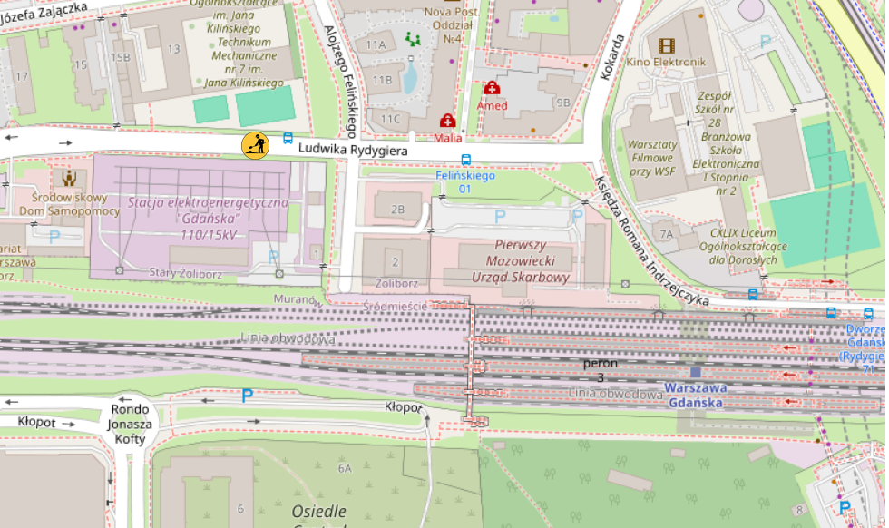 Mapa okolicy z widocznymi ulicami, budynkami oraz stacją elektroenergetyczną "Gdańska".
