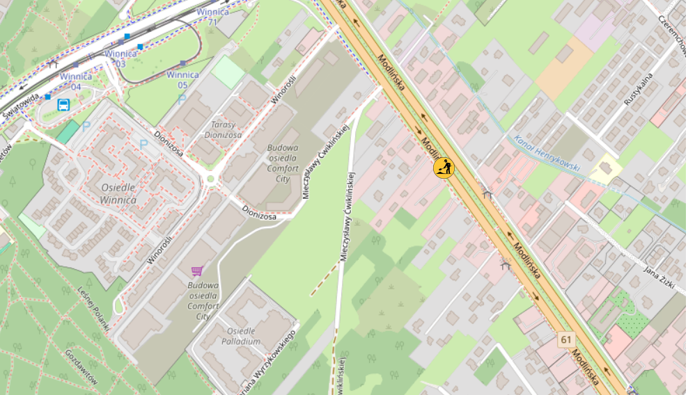Mapa przedstawiająca lokalizację osiedla Winnica oraz okolicznych budynków i ulic.