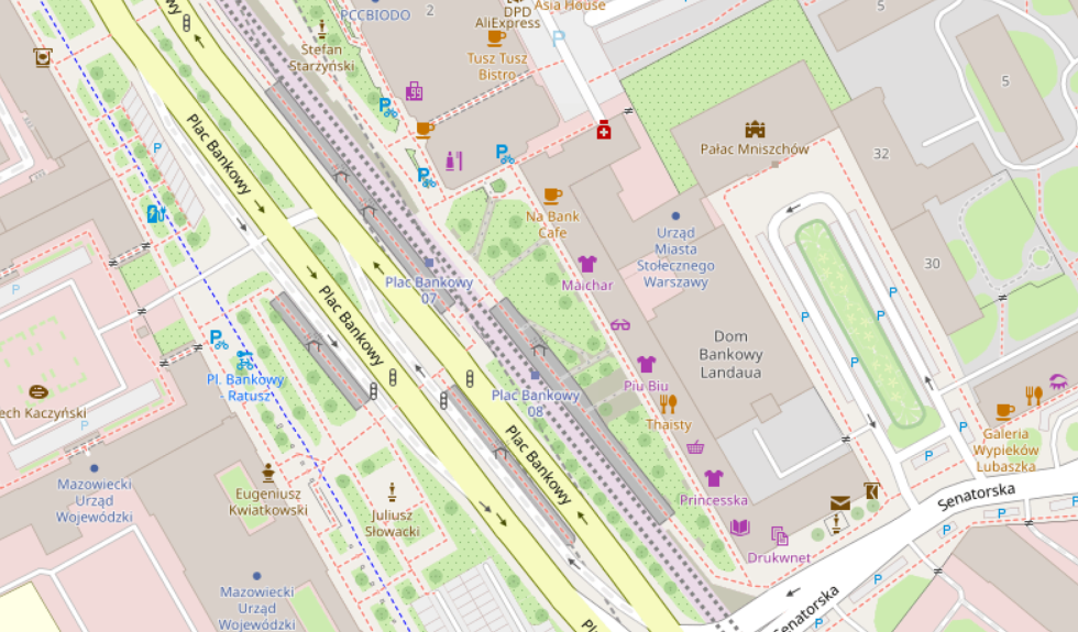 Mapa z zaznaczonymi punktami usługowymi oraz budynkami w okolicy Placu Bankowego.