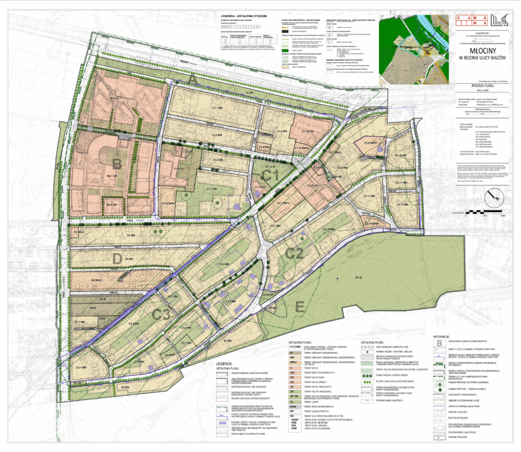 Plan zagospodarowania przestrzennego z oznaczeniami terenów oraz legendą w górnej części.
