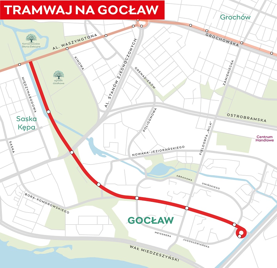 Mapa przedstawiająca trasę tramwaju na Gocław, z oznaczeniem przystanków i głównych ulic.