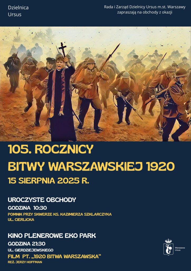 Uczestnicy obchodów 105. rocznicy Bitwy Warszawskiej w mundurach wojskowych oraz duchowny z krzyżem.