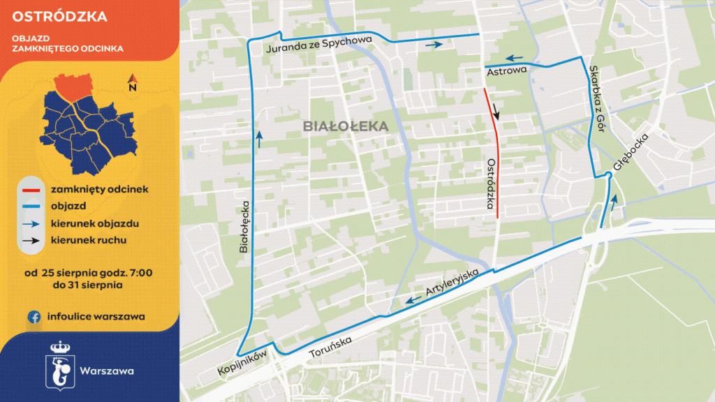 Mapa z objazdem dla zamkniętego odcinka ulicy Ostródzkiej w Warszawie, z oznaczeniem kierunków ruchu i objazdu.