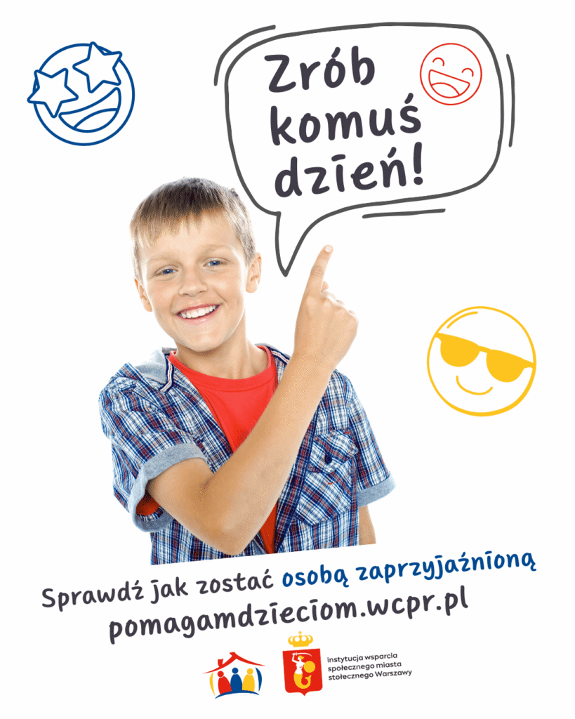 Chłopiec w koszuli w kratę uśmiecha się i wskazuje palcem na tekst „Zrób komuś dzień!” w kolorowym otoczeniu.