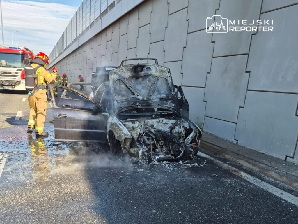 Strażak w mundurze gaśniczym przeszukuje spaloną osobówkę na pasie ruchu, obok widoczny wóz strażacki.