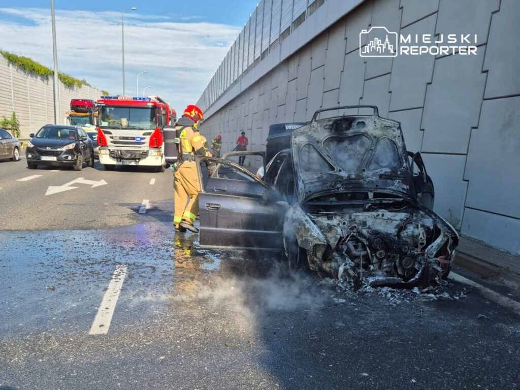Strażak w mundurze gasi pożar spalonego samochodu na drodze, obok stoją inne pojazdy i woz strażacki.