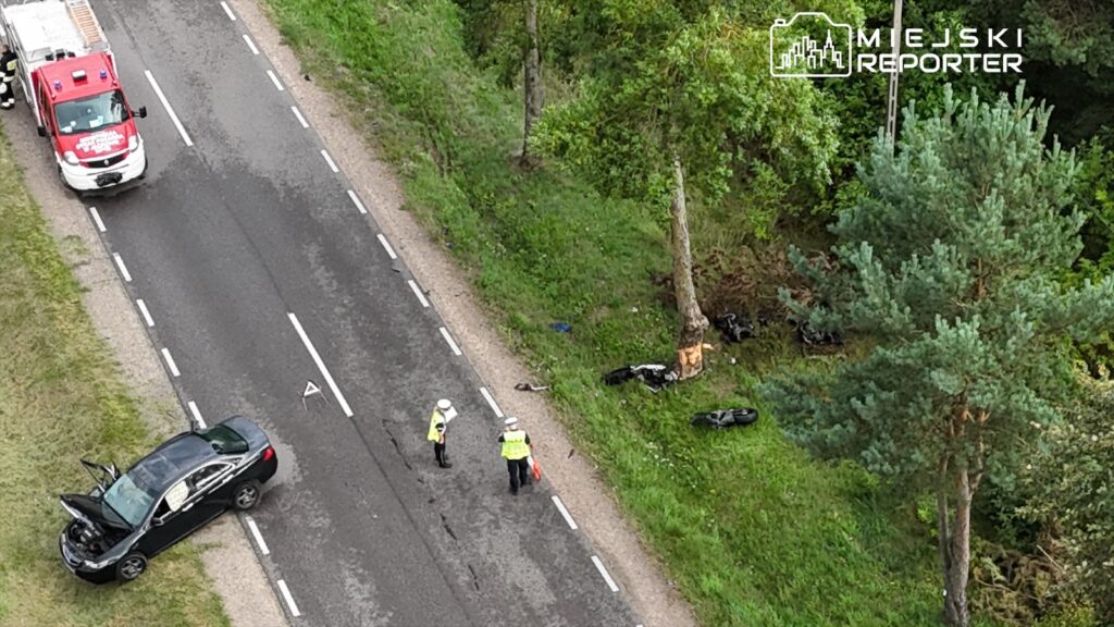Dwaj policjanci w kamizelkach odblaskowych prowadzą czynności na poboczu drogi obok uszkodzonego samochodu.