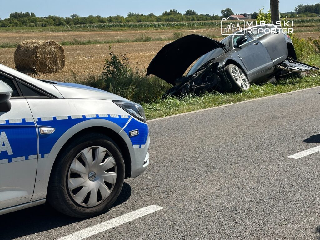 Policyjny samochód zatrzymany przy drodze obok wraku osobowego auta leżącego w rowie na tle pól.