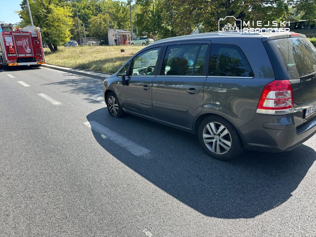 Samochód osobowy zaparkowany na jezdni obok wozu strażackiego, w tle widoczna zieleń i inne pojazdy.