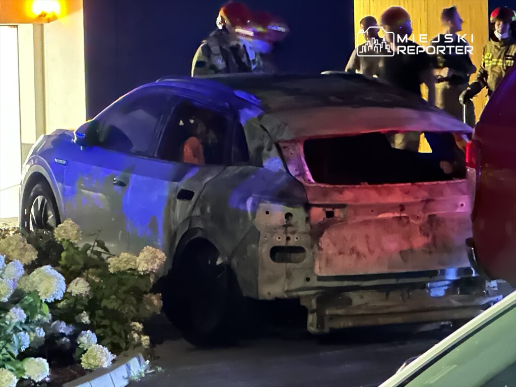 Uszkodzony samochód stojący na parkingu, otoczony przez strażaków oraz ratowników w hełmach ochronnych.