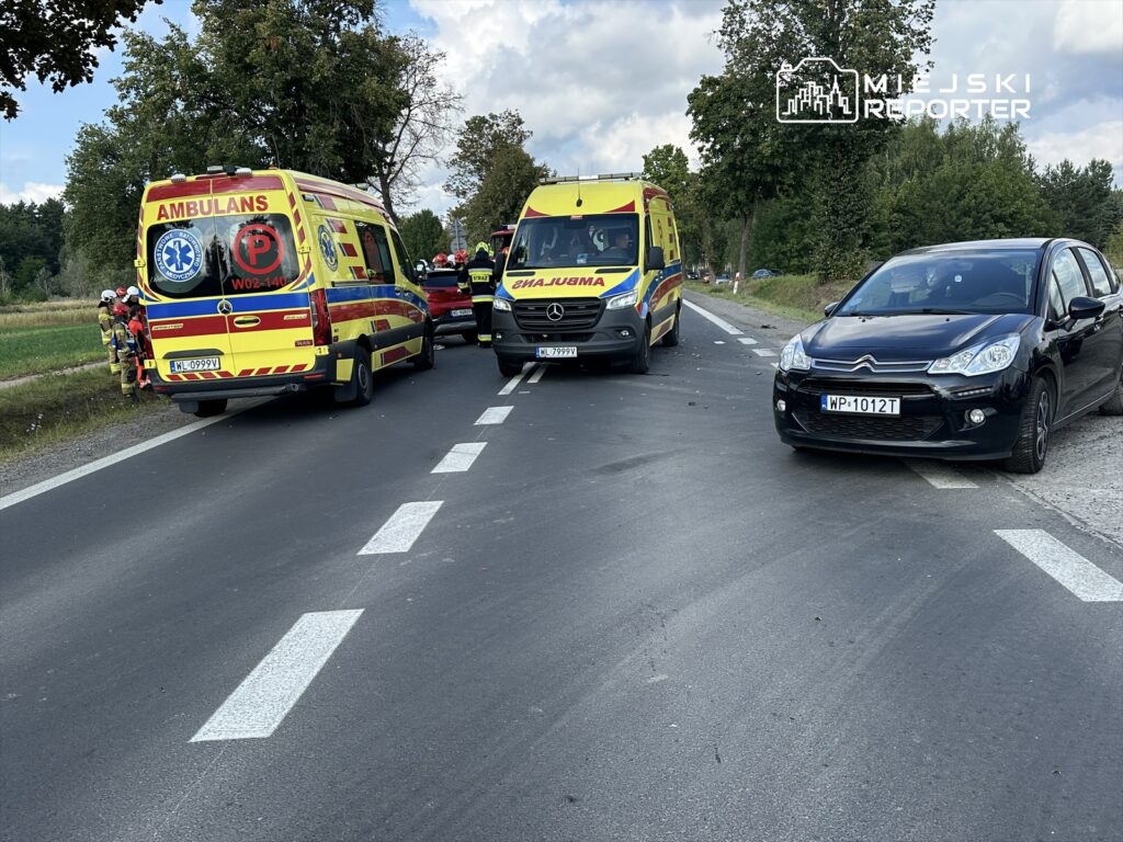 Na drodze zatrzymane karetki pogotowia oraz kilka osób w mundurach, obok stoi czarny samochód osobowy.