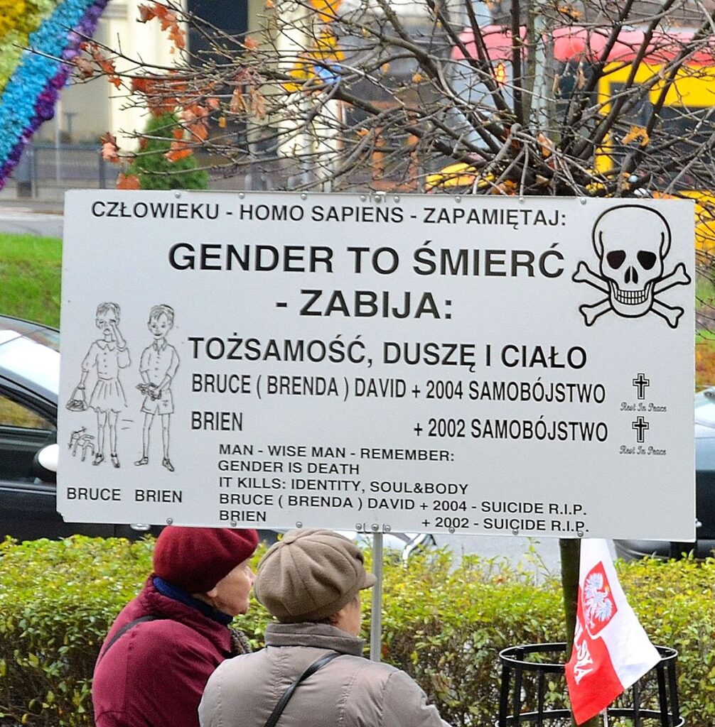 Tablica z napisem "GENDER TO ŚMIERĆ - ZABIJA" oraz rysunkami dzieci, obok dwie kobiety rozmawiające w parku.