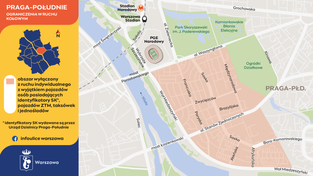 Mapa przedstawiająca obszar Pragi-Południe z zaznaczonymi ograniczeniami w ruchu kołowym oraz identyfikatorami SK.
