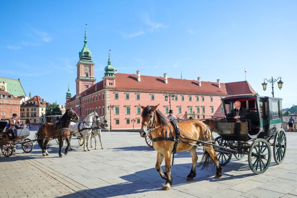 Konie w zaprzęgu przejeżdżają obok różowego budynku z wieżą, na tle błękitnego nieba.