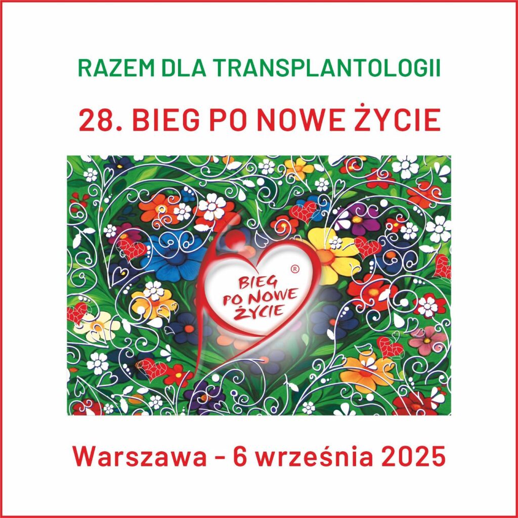 Grafika promująca 28. Bieg po Nowe Życie z motywem kwiatowym, datą i informacją o Warszawie.